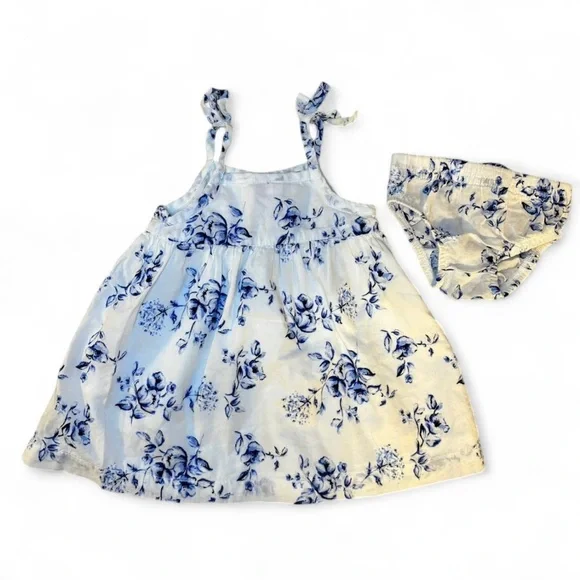 Baby B’Gosh 3 Months Blue & White Floral Dress Outfit Spring Summer Cotton Lined - Picture 2 of 6